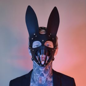 Men's And Women's Rabbit Ears Leather Mask (Color: black)