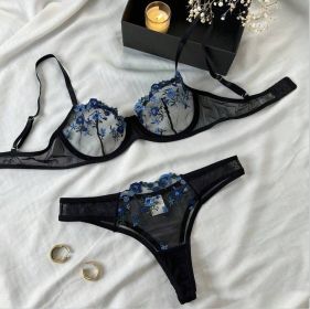 Women's New Lace Underwear Bra Set (Option: Black Blue-M)