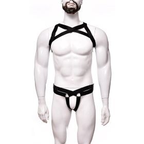 Men's Sexy Lingerie Big Chest Strap Bar Ball Performance Three-point Suit (Option: Black-Average Size)